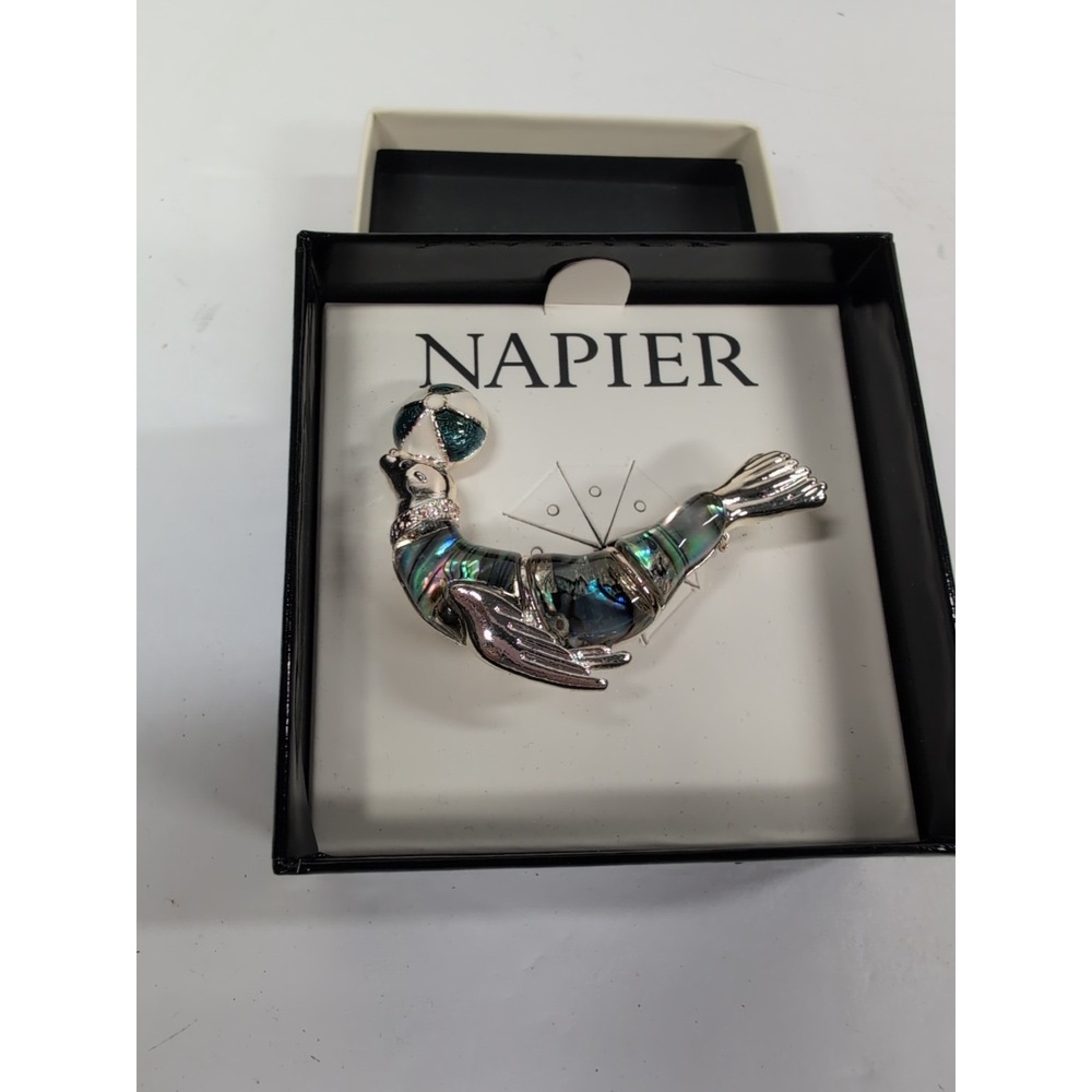 NAPIER Seal & Beach Ball Pin Brooch Silvertone Simulated Abalone NEW